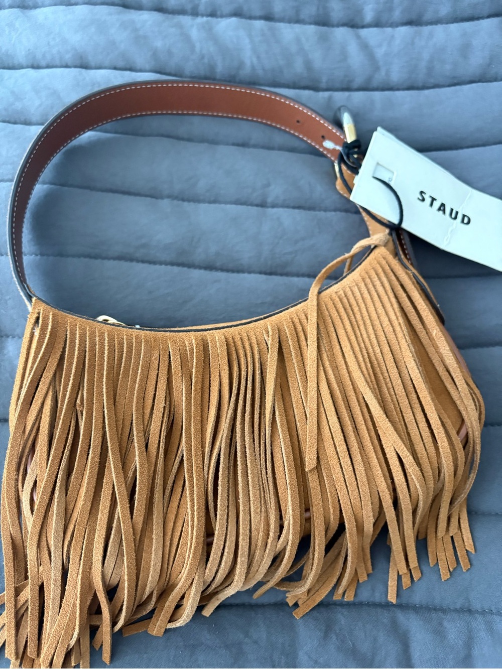 Sold‼️STAUD Suede Crescent Shoulder Bag in Cognac Brown with Tassel - Picture 4 of 15